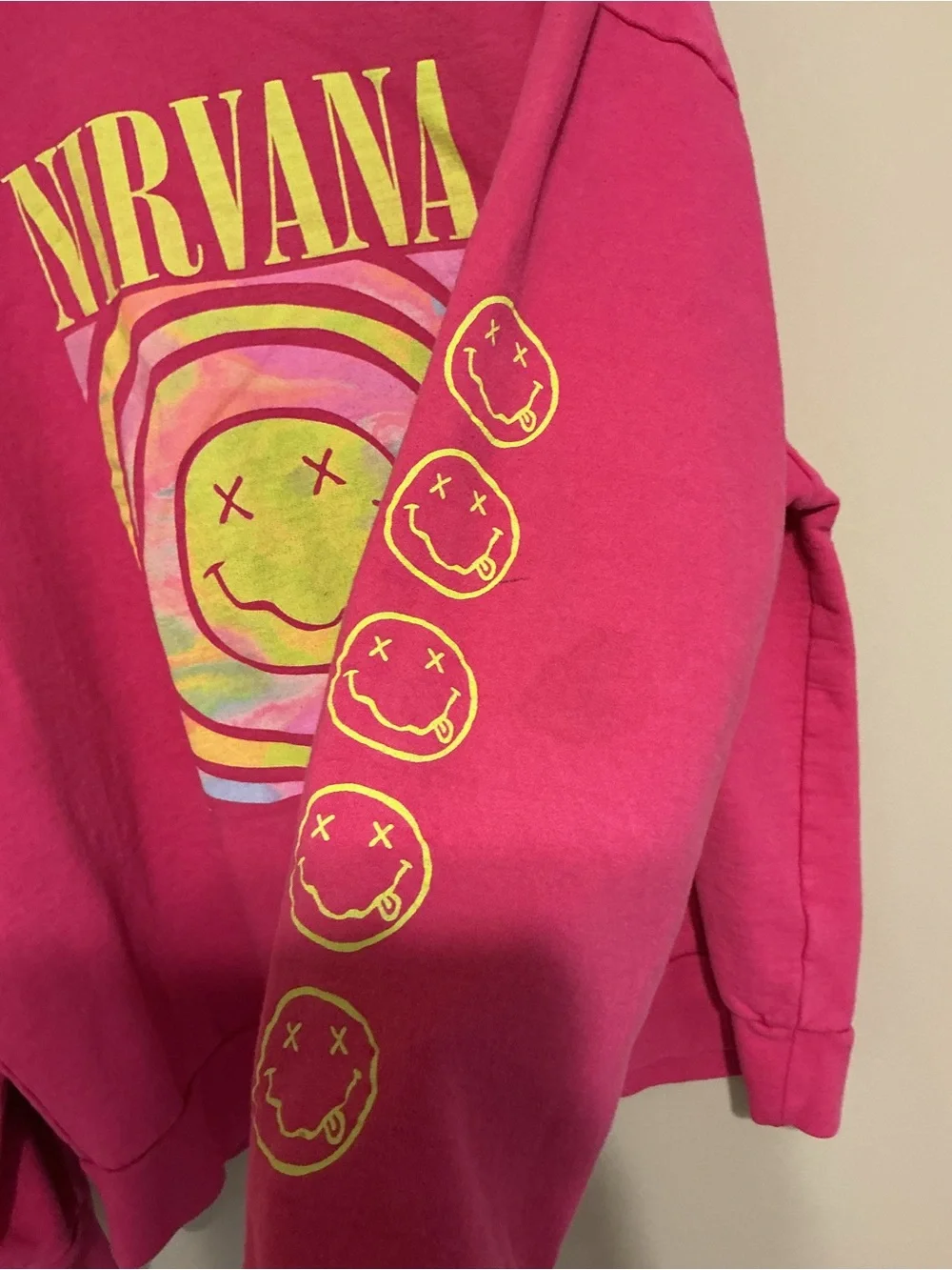 Urban Outfitters Pink Nirvana Graphic Crewneck with Yellow Print
